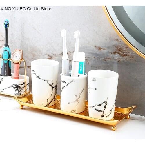 Nordic Black and White Ceramic Mouthwash Cup Set Household Golden Iron Storage Tray Simple Bathroom Decoration Accessories
