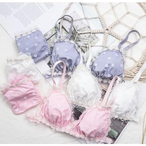 Daisy Embroidery Cute Bra & Panties Set Ruffles Trim Wirefree Chiffon Soft Underwear Sleep Intimates Set Kawaii Lolita