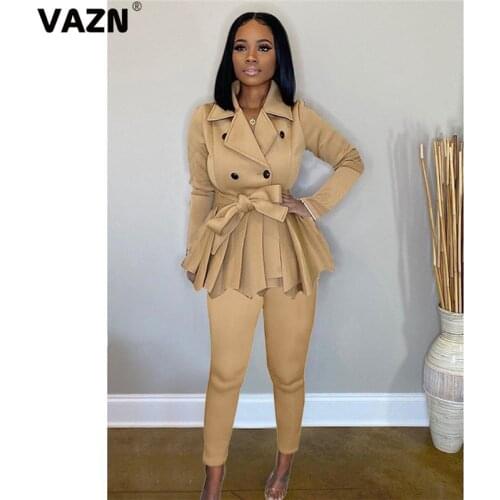 VAZN New Women Set Turn Down Collar Full Sleeve Ruffles Blazers Pencil Pants Suit Two Piece Set Office Lady Outfits Uniform