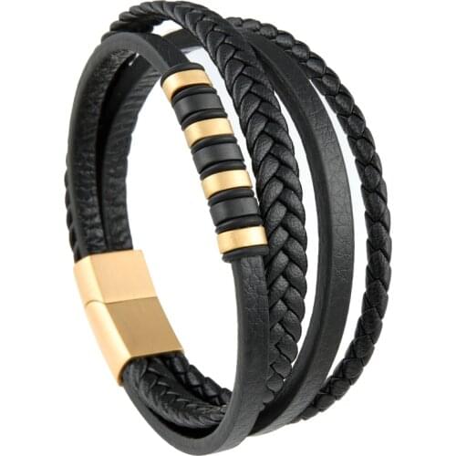 Vanbula European and American Fashion Multi-Layer Stainless Steel Mens Leather Cord Bracelet for Boyfriend Gift Jewelry