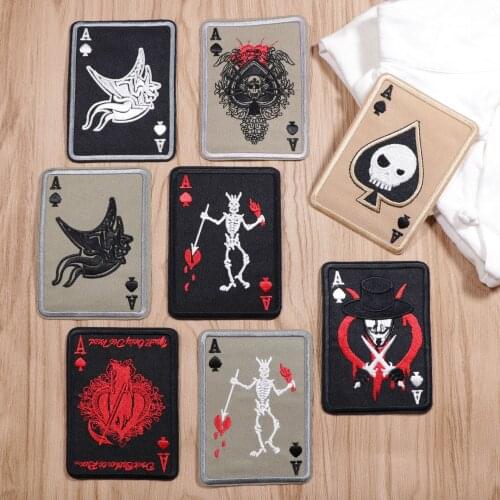 Poker Embroidery Patches Vikings Iron on Patch Devil Heart Cards Grim Reaper Club Big Darn Appliques for Clothing Thermo Badges