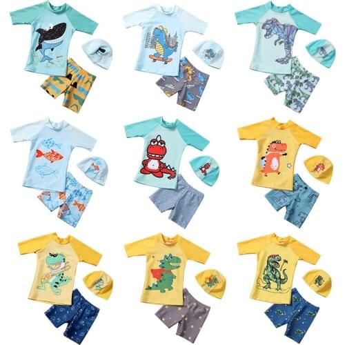 New Boys Swimsuit Cartoon Print Childrens Swimwear Boys UPF50 Short Sleeve Toddler Boy Swimming Wear 3 pcs Bathing Suit Child