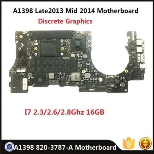 Original A1398 820-3787-A Motherboard for MacBook Retina 15"Late 2013 Mid 2014 Logic Board i7 2.3GHz 2.6/2.8GHz 16GB Rams Tested