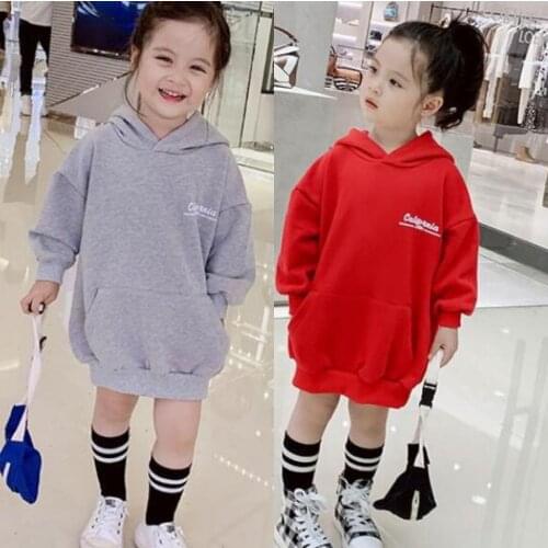 3-8 Year Child Hooded Sweaershirt Long Design 2021 Autumn New Girl Red Casual Outwear Long Pullover Sweatershirt with Hat