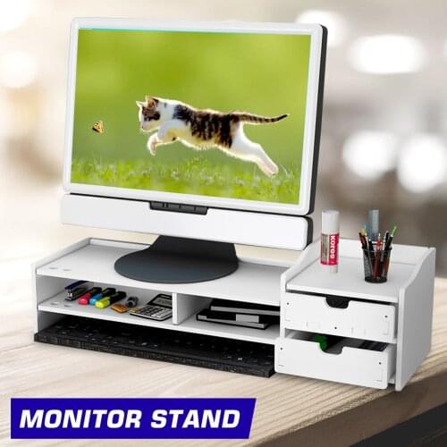2-Tiers Wooden Computer Desktop Monitor Stand Shelf PVC Monitor Riser For Notebook TV Screen Riser With Storage Organizer Shelf