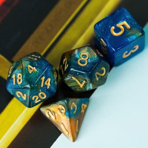 Poludie 7Pcs/Set Blue Yellow Glitter DND Dice Set D4 D6 D8 D10 D% D12 D20 Polyhedral Dice for Role Playing Board Game RPG MTG