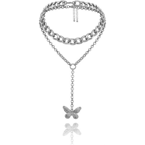 Simple Gold Silver Color Butterfly Pendant Choker Necklaces for Women Fashion Layered Thick Chain Y Long Necklace