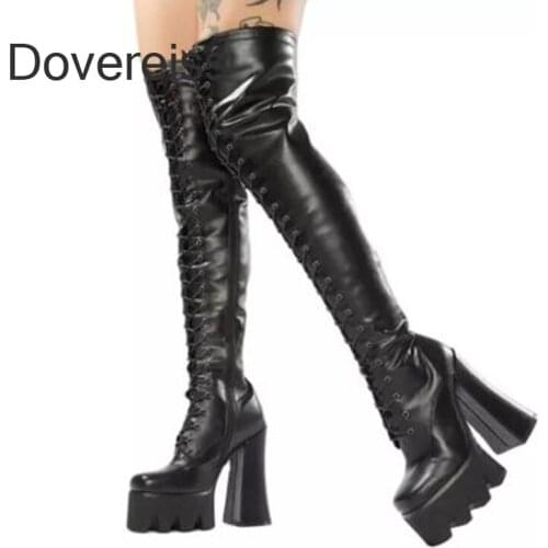 Dovereiss Fashion Zapatillas Mujer Genuine Leather Winter Cross Tied Sexy Zipper Platform Block Heels Over The Knee Boots 40 41