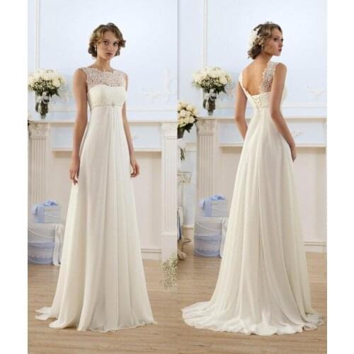 2018 Chiffon A Line Empire High Waist Wedding Dresses Lace Sheer Neckline Lace-up Backless Summer Beach Maternity Bridal Gowns