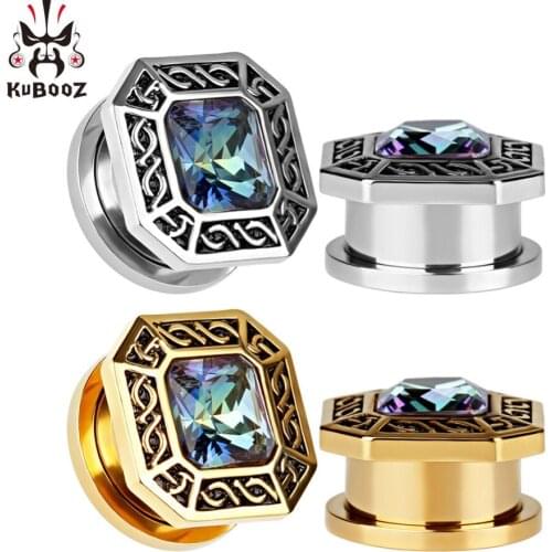 KUBOOZ Piercing Stainless Steel Square Zircon Ear Plugs Tunnels Piercing Body Jewelry Gauges Earrings Studs Fashion Gift 0G 00G