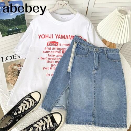 Korean O-neck short sleeve letter print T-Shirt Top+ high waist irregular split denim Skirt two piece set 2021 New Summer
