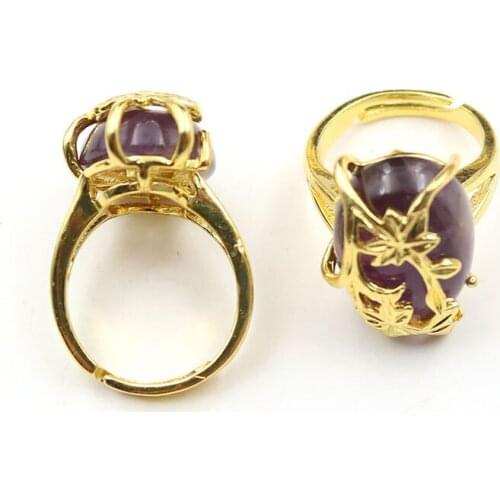 YJXP Oval Natural Stones Resizable Rings Rose Flower Pattern Amethysts Crystal Black Agates Anniversary Jewelry Making for Women