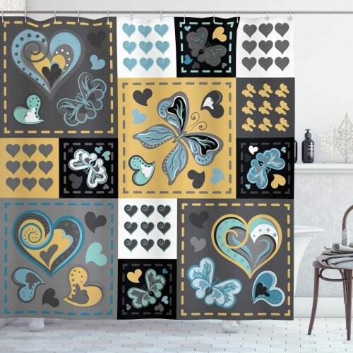 Vintage Shower Curtain Dark Textured Vintage Ornament with Heart and Butterfly Motif in Mix Retro Design Bathroom Decor Set
