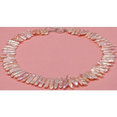 Women 6x22mm Pink Irregular Stick-shaped Freshwater Biwa Pearl Necklace Jewelry >Dongguan girl Store free shipping
