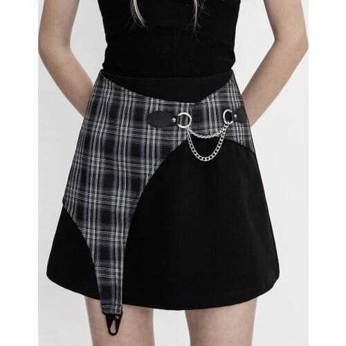 PUNKRAVE Womens Punk "Hell Girl" Series Asymmetrical A-skirts Daily Wear Removable Chain Plaid Stitching Short Skirt
