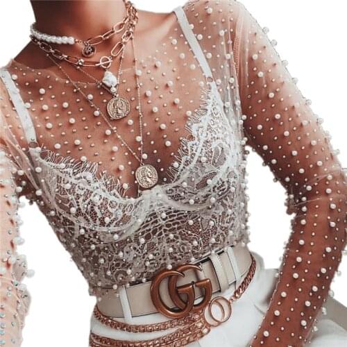 Women Bright diamond beads mesh top see-through Top Sexy hot drill perspective T-shirt net yarn sequins shiny womens lace shirt