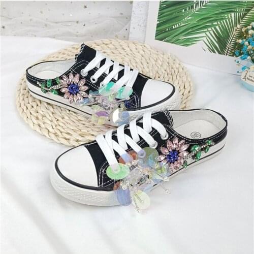New Spring Womens Sneakers Canvas Lace-Up Breathable Casual Shoes Flowers Rhinestone Vulcanize Shoes Zapatillas Mujer