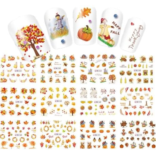 12 sheets Thanksgiving Day Nail Water Decals Fall nail stickers Autumn Maple leaf Transfer Sticker Decals Thanksgiving nail art