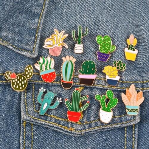 14Styles Potted Plant Rainbow Enamel Pins Custom Cactus Cat Brooches Backpack Shirt Lapel Pin Badge Fashion Cartoon Jewelry Kids