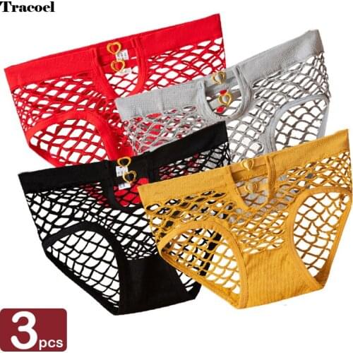 Tracoel 3Pcs Women Sexy Hollow Panties Mesh Transparent Sweet Love Mid-Waist Comfortable Breathable Elastic Ladies Briefs