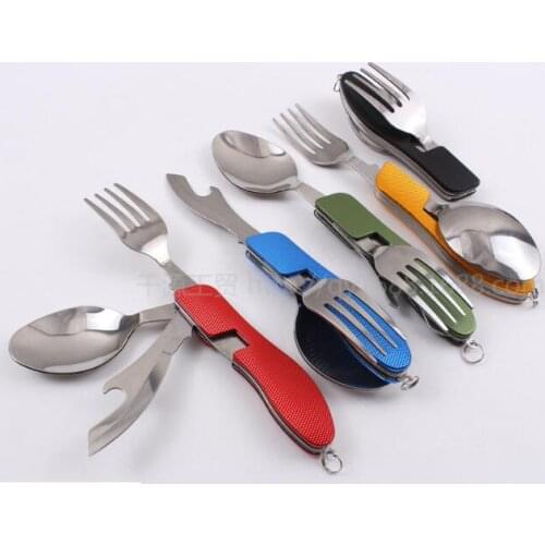 60 pcs Multi-function Outdoor Camping Picnic Tableware Stainless Steel Cutlery 4 in 1 Folding Spoon Fork Knife&Bottle Opener