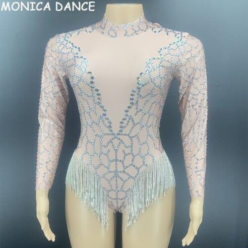 Nightclub Sexy Silver Rhinestone Fringe Spandex Long Sleeves Bodysuit Women Dancer Backless Wear Birthday Bar Singer Bodysuit