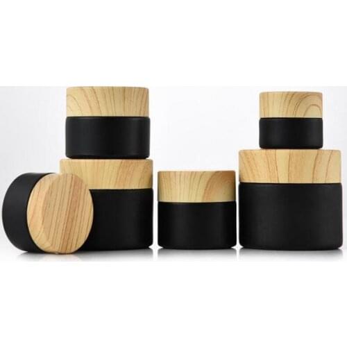 Black frosted glass jars cosmetic jars with woodgrain plastic lids PP liner 5g 10g 15g 20g 30 50g lip balm cream containers