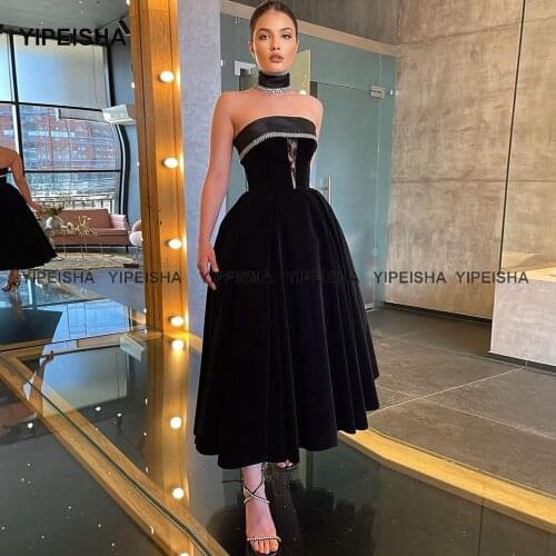 Yipeisha Strapless Corset Black Velet Cocktail Dresses Tea-length Velour Prom Party Gown Custom Made Beaded Little Black Dress