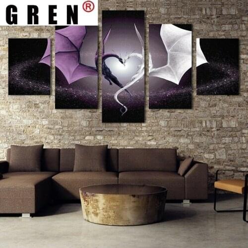 GREN Nordic Style Dragon Heart 5 Panel Canvas Picture Print Wall Art Canvas Painting Wall Decor for Living Room Poster No Framed