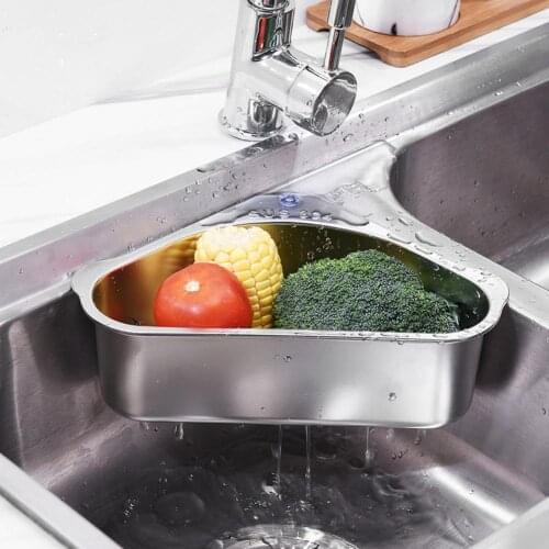 Stainless Steel Sink Basket Vegetable Fruit Filter Drain Triangle Sieve Rack WithSuction Cup Kitchen Drain Shelf Support Corner