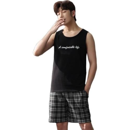 Summer Pajamas For Men Sleepwear Knitted Cotton Pajama Sets Vest Round Neck Loose Plus Size L-4XL Mens Clothing Male Tracksuit