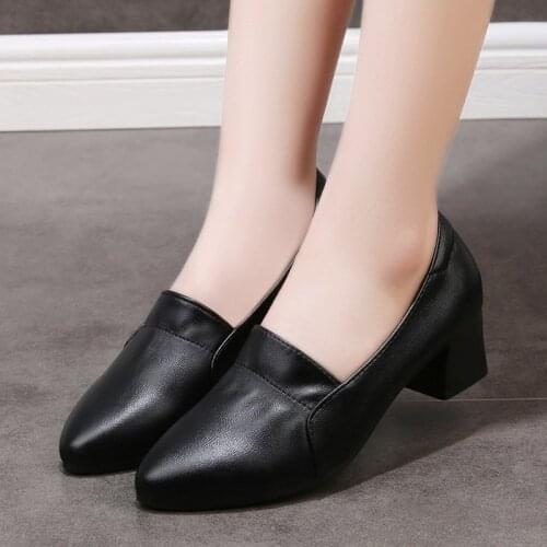 LLOGAI Womens Shoes Women Black Pu Leather Office Slip-On All-match Comfortable Square Heel Pumps Shoes Zapatos De Mujer