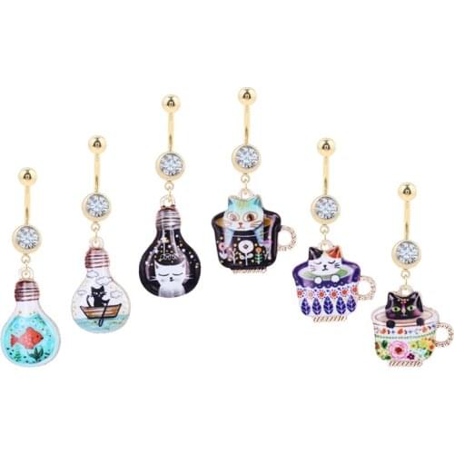 Statement Floral Cat Kitten Belly Button Rings Big Drop Dangle Belly Rings Fashion Animal Jewelry For Girls Women Accessories