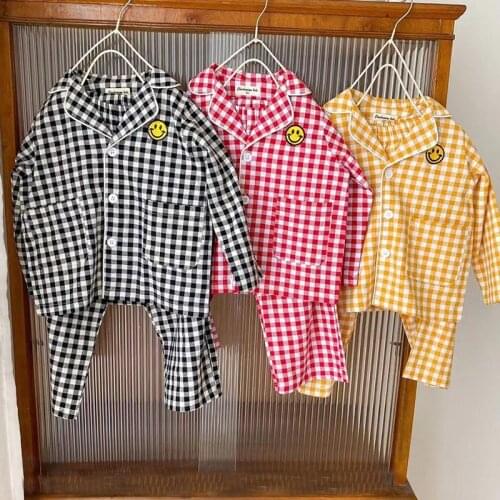 Baby Boys Girls Button Down Pajamas Childeren Clothing Sets Kids Brushed Finish Cotton Plaid Homewear Spring Teen Spring Suit