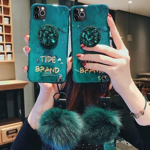 For iPhone 12 11 Pro X XR XS MAX 7 8 6S Blue Light Emerald Finger Ring Silicone Soft Phone Case SE 2020 Back Cover With Strap