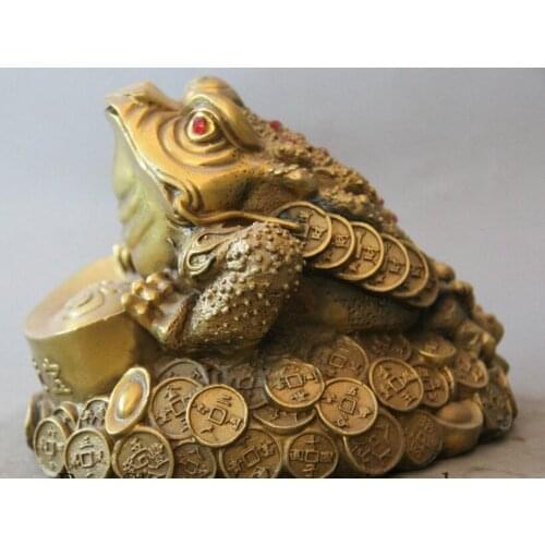 7" Chinese Folk Brass Golden Toad Spittor Wealth Coin YuanBao Statue Sculpture