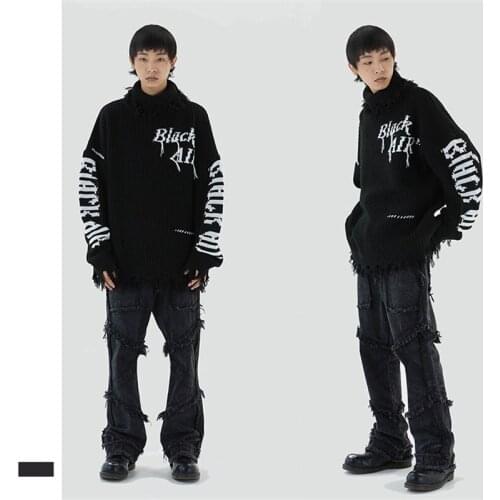Autumn Winter Mens Turtleneck Scrap Chopper Knitted Sweater High Street Hip Hop Letter Print Couple Sweaters Fashion Loose Tops