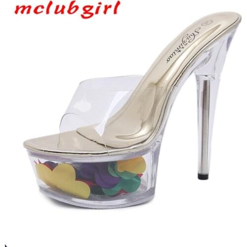Mclubgirl 34-43 Models Sexy Super High Heels 15CM Stiletto Platform Slippers Transparent Crystal Shoes Wedding Shoes Evening LFD