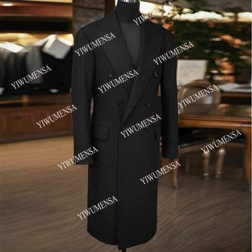 YIWUMENSA Spring/Autumn Black Woolen Blends For Men Slim Fit Solid Double Breasted Long Overcoat Groom Wear Formal Suits Jacket