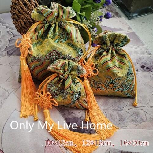 High End Handmade Vintage Big Gift Bags Chinese Style Silk Brocade Suede Lined Drawstring Pouches Decorative Jewelry Packaging