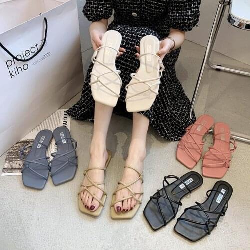 2021 Newly Arrived Summer Women Sandals Cross Flat Woman Slippers Sweet Office Business Female Shoes Square Toe Beach Slides
