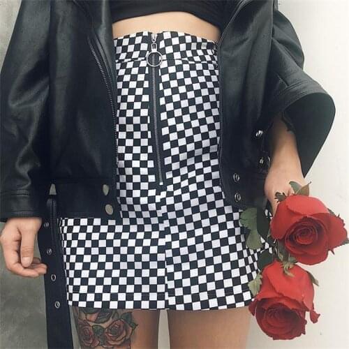 Womens Skirts Ladies Kawaii Engraved Black And White Iron Ring Square Checkered Girls Skirt Female Korean Harajuku Clothing
