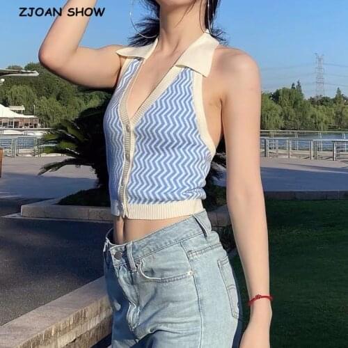 2020 Sexy Streetwear White blue Wave Striped Knitted Women Camis Fashion V neck Backles Crop Top Vintage Cropped Women Tank Top