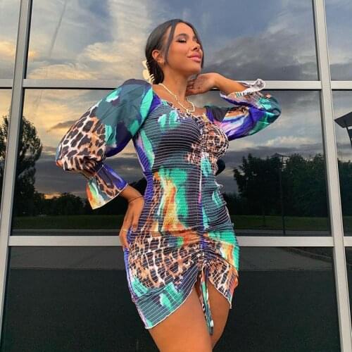 Women Autumn Ruched Mini Dress Streetwear Y2K Style Sexy Animal Print Square Collar Puff Sleeve Bodycon Dress with Drawstring