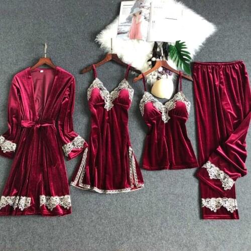 Winter Robe For Women Warm Sleepwear 4Pcs Pijamas Velvet Sexy Lace Long sleeve Gown Set Female Clothes Home Sleep Set Nightwear