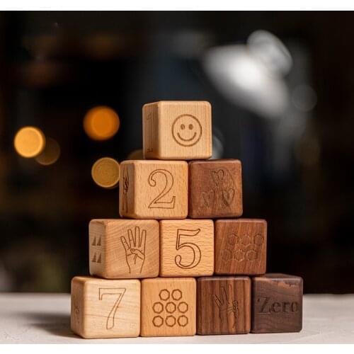 10pcs Baby Wooden Toys Educational Building Blocks 3D Stacking Block Teaching Numbers English Early Education Montessori Toys