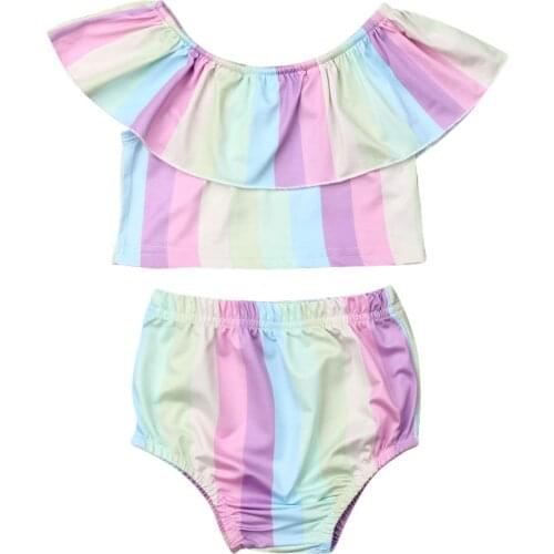 2020 Baby Summer Clothing Infant Newborn Baby Girls Rainbow RuffleTop PP Shorts Brief Outfit Colorful Striped 2Pcs Sunsuit