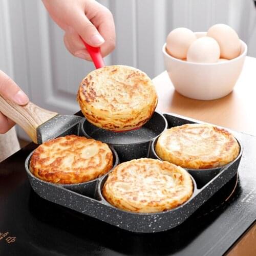 4 Hole Omelet Pan for Burger Eggs Ham Pancake Maker Wooden Handle Frying Pot Non-stick Cooking Breakfast