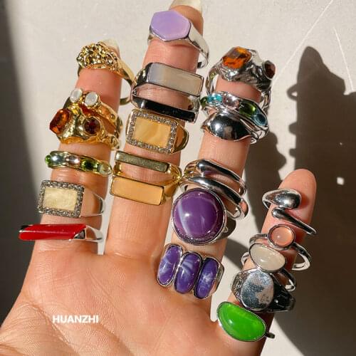 4Pcs/set Irregular Alien Metal Retro Colorful Contrast Stone Zircon Suit Ring For Women Girls Party Jewelry HUANZHI 2021 NEW
