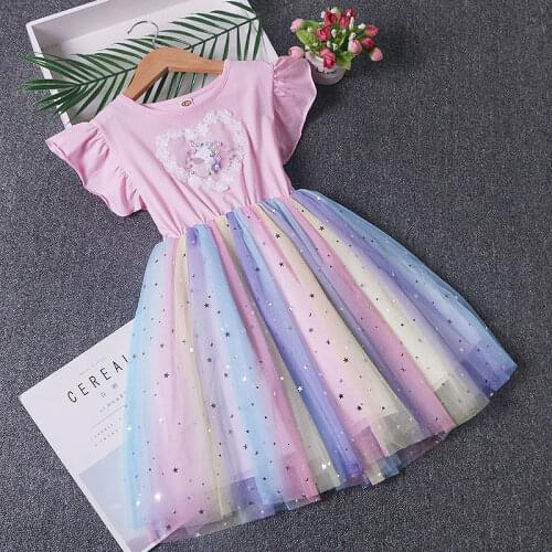 Unicorn Princess Dress Summer Girls Rainbow Stars Birthday Wedding Dresses 3-7 Years Sweet Kids Flower vestidos Children Clothes